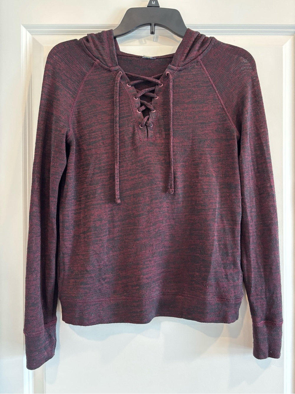 Women's Lace-Up Hooded Pullover Sweater - Burgundy